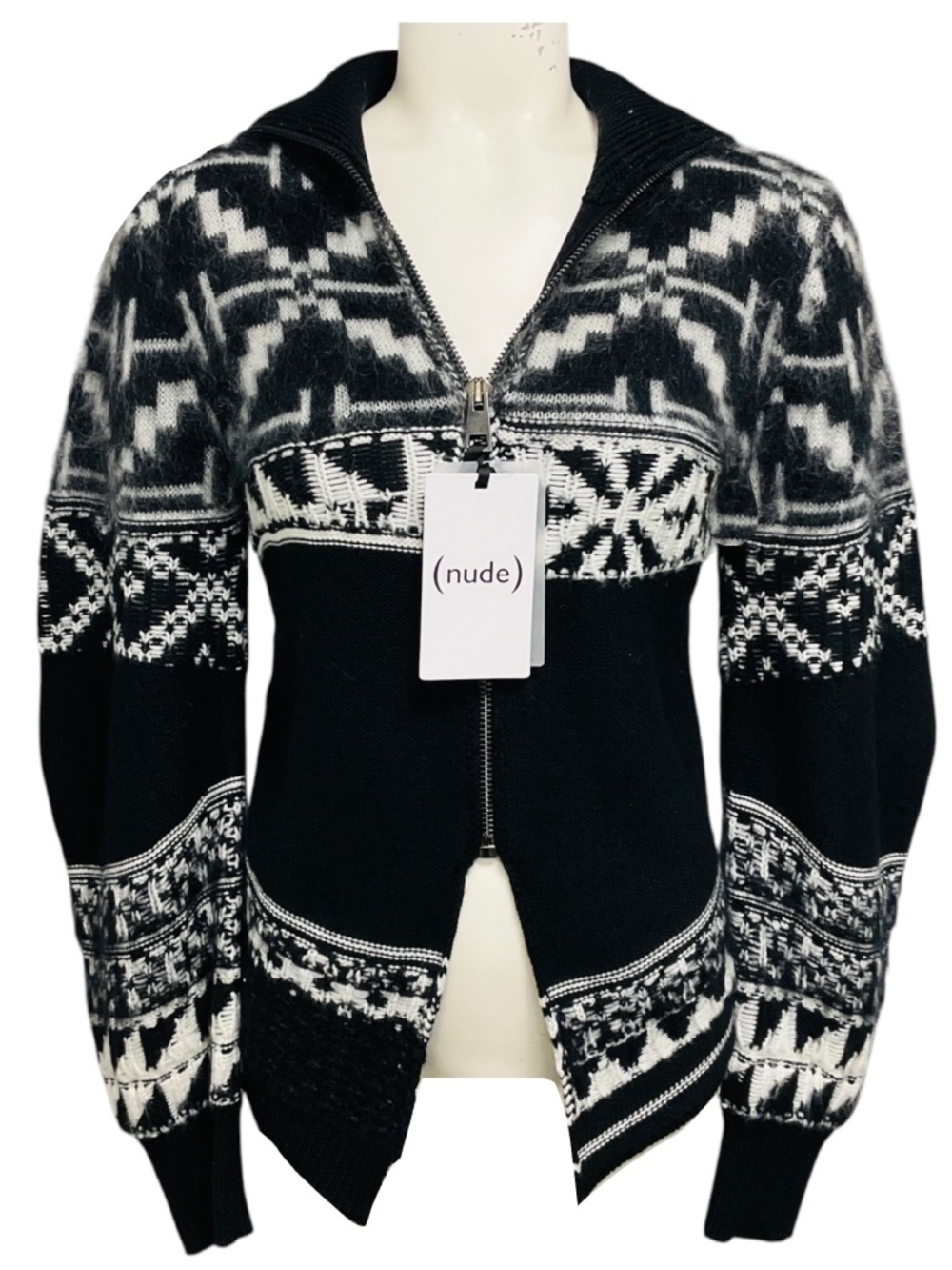 NUDE BLACK / OFF WHITE ZIP FRONT NORDIC CARDIGAN SWEATER